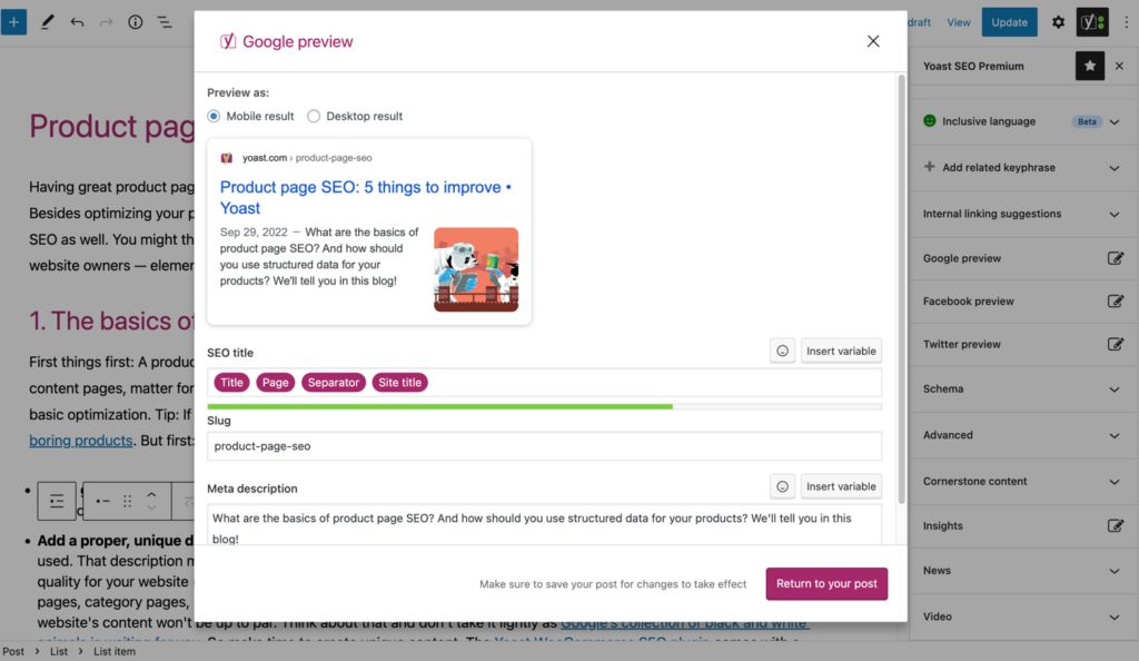 Yoast SEO plugin screenshot