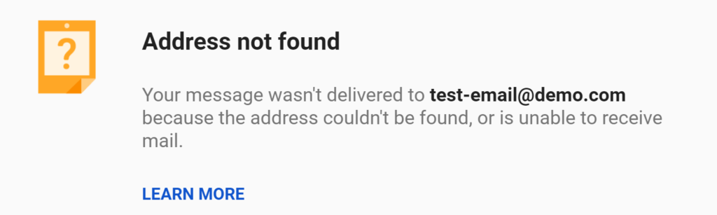 Address not found Gmail bounce back error screenshot