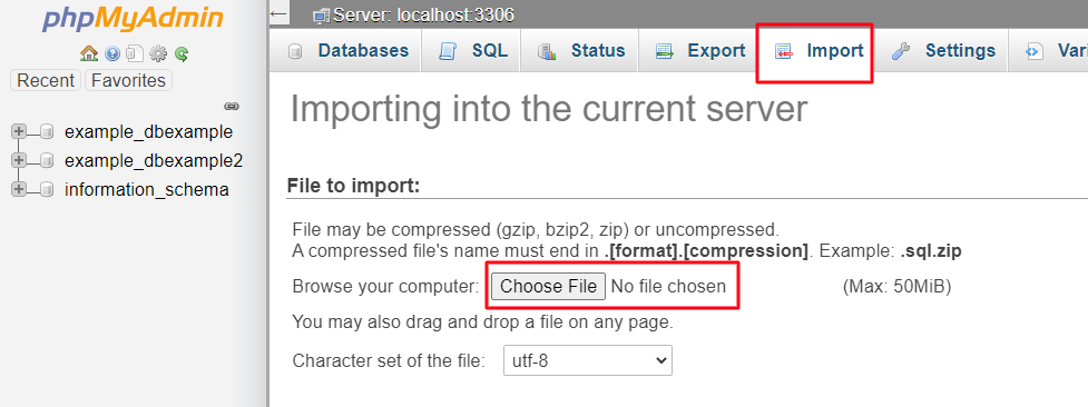 Importing a Database through phpMyAdmin screenshot to Completely Move Your WordPress Site